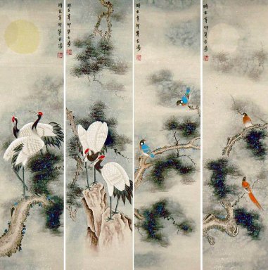 Crane & Pine (quatro telas) - Pintura Chinesa