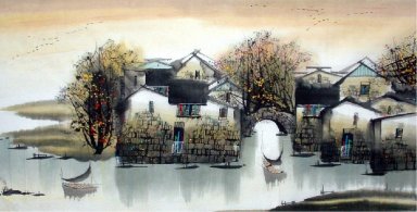 Rumah, River - Lukisan Cina