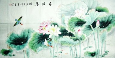 Hawthorn, Kingfisher - Lotus - peinture chinoise