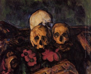Tres cráneos en una alfombra con dibujos