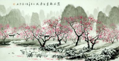 Montanhas, água, flores - pintura chinesa