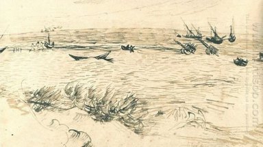 Mar da praia e barcos de pesca de 1888