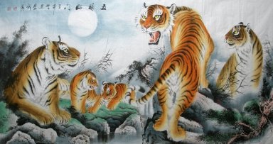 Cinq tigres-Fu - Peinture chinoise