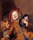 Crianças de riso com um gato