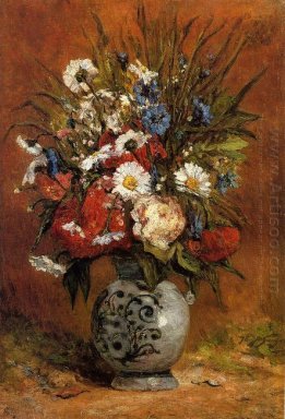 Gänseblümchen und Pfingstrosen in blauer Vase 1876