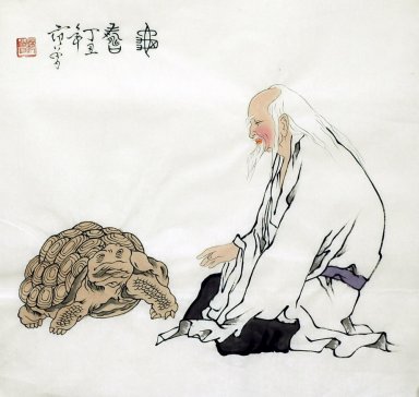 Oude man, Schildpad - Chinees schilderij