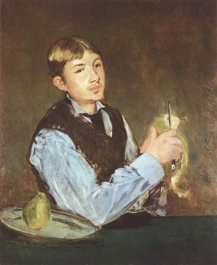 un jeune homme peler une poire portrait de Léon leenhoff 1868
