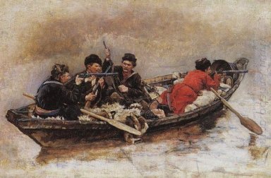 Cossacos no Estudo de barco para a conquista de Sibéria por Yerm