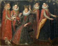 Portrait de cinq femmes avec un chien et un perroquet