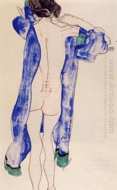 Stehender weiblicher Akt in einem blauen Kleid 1913