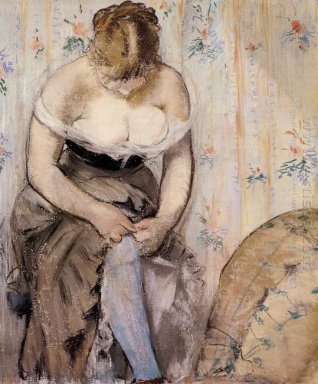 Frau Befestigung ihre Strumpfband 1878