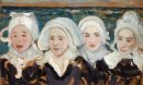 Cuatro mujeres bretonas en la orilla del mar