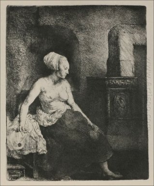Uma mulher sentada diante de um fogão Holandês 1658
