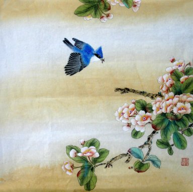 Flor de Pessegueiro & pássaros - pintura chinesa