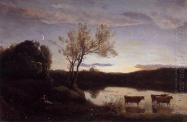 Ein Teich mit drei Kühe und ein Crescent Moon