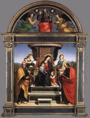 Madonna et l\'enfant couronnés avec des saints