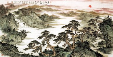 Montagnes, cascade - Peinture chinoise