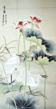 Crane - Lotus - peinture chinoise