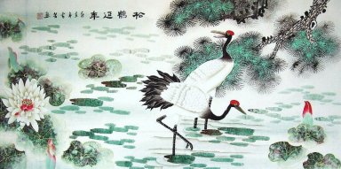 Crane & Lotus & Pine - kinesisk målning