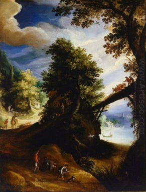 A wooded landscape with a bridge and sportsmen at the edge of th