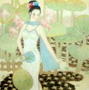 Beautiful lady, Lotus - Chinese Painting