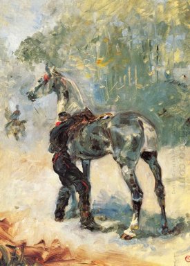 Артиллерист седлающий коня 1879