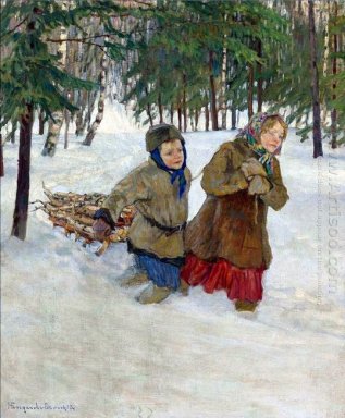 Los niños que llevan la madera en la nieve del invierno