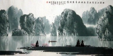 Bergen, water, Pruim Bloemen - Chinees schilderij