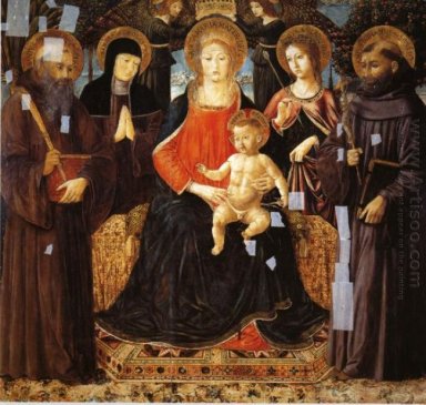 Madonna e criança Enthroned Entre St Benedict Santa Escolástica