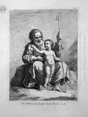 St Joseph Enfant Jésus entre ses genoux lui tend une pomme