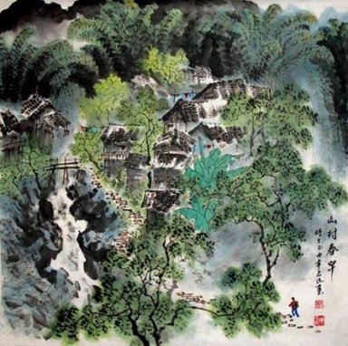 Pequena aldeia nas montanhas - Pintura Chinesa