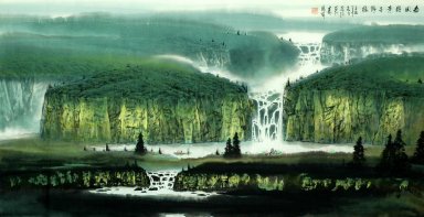 Bergen, rivier, waterval - Chinees schilderij