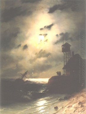 Bij maanlicht Zeegezicht Met Schipbreuk 1863