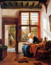 Reading old woman at window