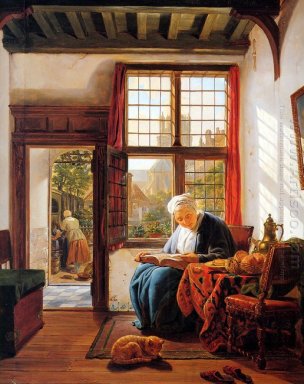 Läsa gammal kvinna vid fönstret
