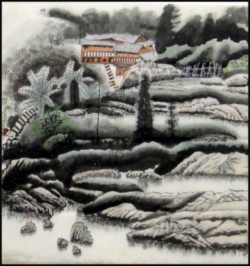Gebäude, Bäume-chinesische Malerei
