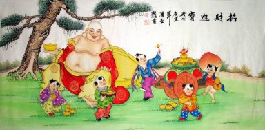 The monk are playing with the children - Chinese Painting