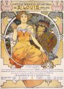 art nouveau color lithograph poster showing a seated woman clasp