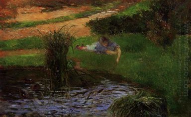 Teich mit Enten Mädchen amüsieren sich 1881