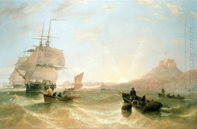 Esquadrão de fragatas e navios de pesca em um mar picado off Hol