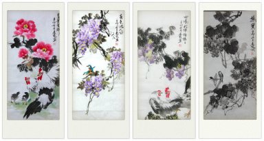 Pássaros & flores - FourInOne - Pintura Chinesa
