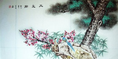 Birds & Plum & Pine & Bamboo - Lukisan Cina