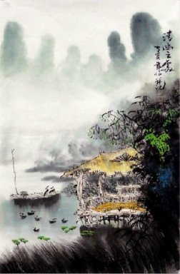 Een boot op de rivier - Chinees schilderij