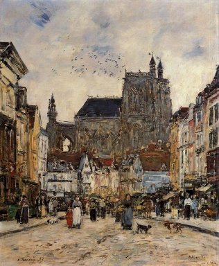 Rue Abbeville et l\'église de Saint Vulfran 1884