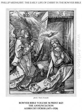 a la izquierda el arcángel gabriel acercarse a la Virgen rezando
