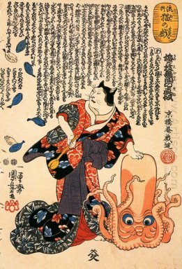 Een Kat Verkleed Als Vrouw te tikken op het Hoofd van een Octopu