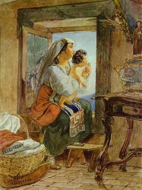 Mujer italiana con un niño junto a una ventana