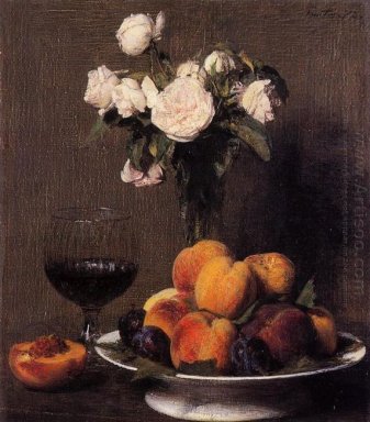 Stillleben mit Rosen Obst und einem Glas Wein 1872