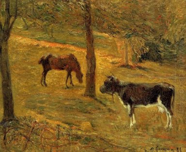 horse and cow in a meadow 1885