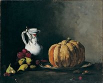 Nature morte avec citrouille, prunes, cerises, figues et cruche